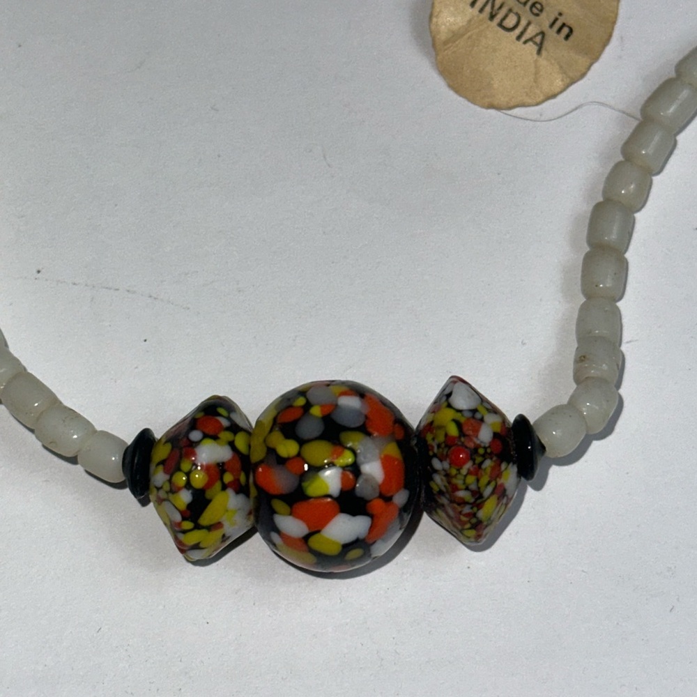 Vintage 15.5" Millefiori Glass Bead Choker Necklace Made in India White Beads